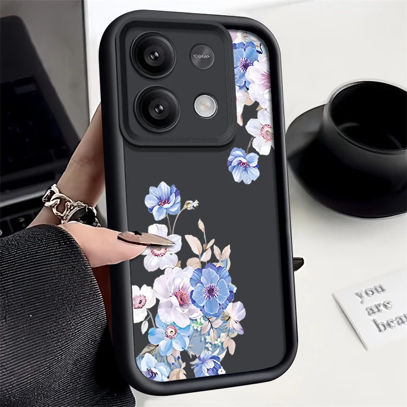 Luxury Blue Flower Case For Xiaomi Poco F6 X6 X5 13T 14T Pro Funda Redmi Note 13 14 12 11 Pro 5G Shockproof Silicone Cover Coque