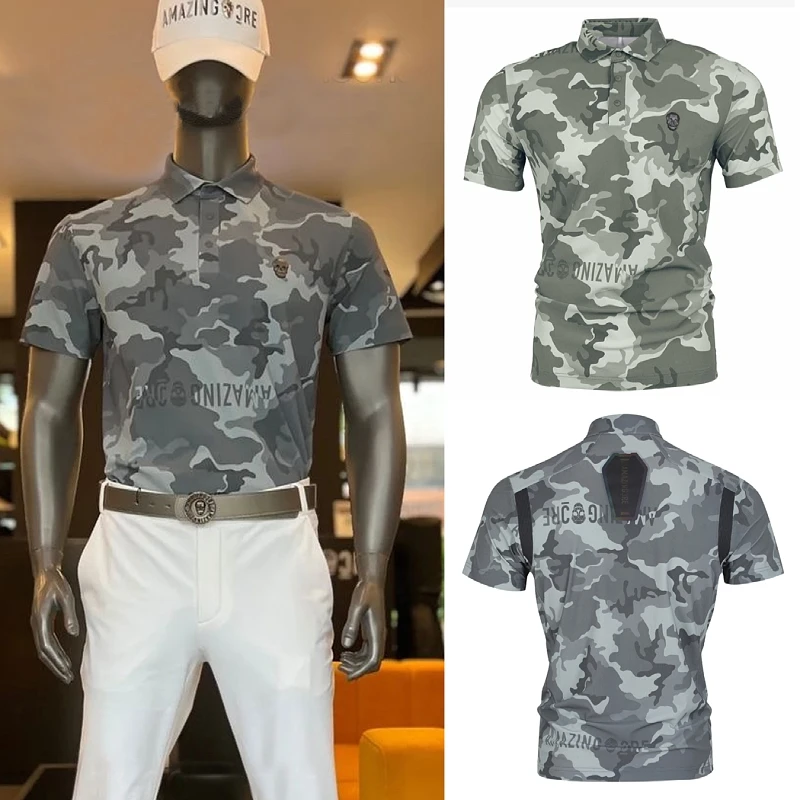 Golf Clothes Men's Full Print Military Camouflage Lapel Top Quick Drying Cool Sports Short Sleeved Golf T Shirt