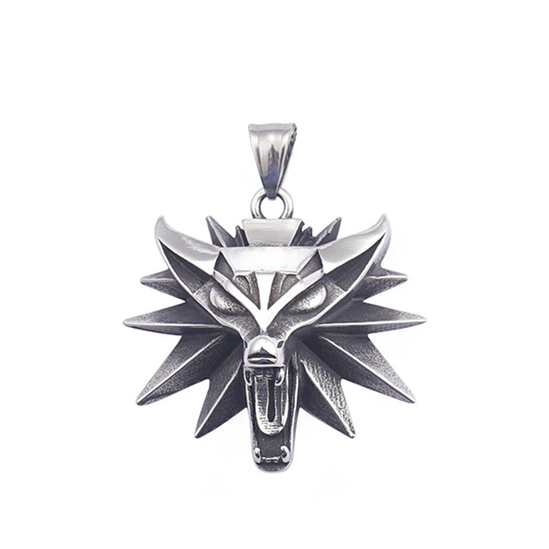 Edelstahl Mittelalterliche Dreifach-Wolfskopf-Anhänger-Halskette für Männer und Frauen Vintage Fantasy Schutzamulett Schmuck Geschenk