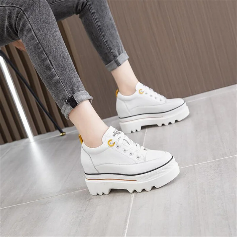 Women Platform 9cm Mesh Leather White Sneakers Shoes New White Wedge Vulcanize Shoes Hidden Heel Breathable Female Casual Shoes