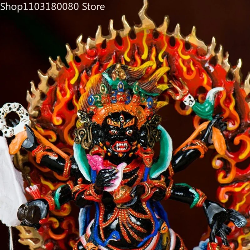 21cm Nepal Hand painting Copper Six-arms Mahakala Buddha statue sculpture