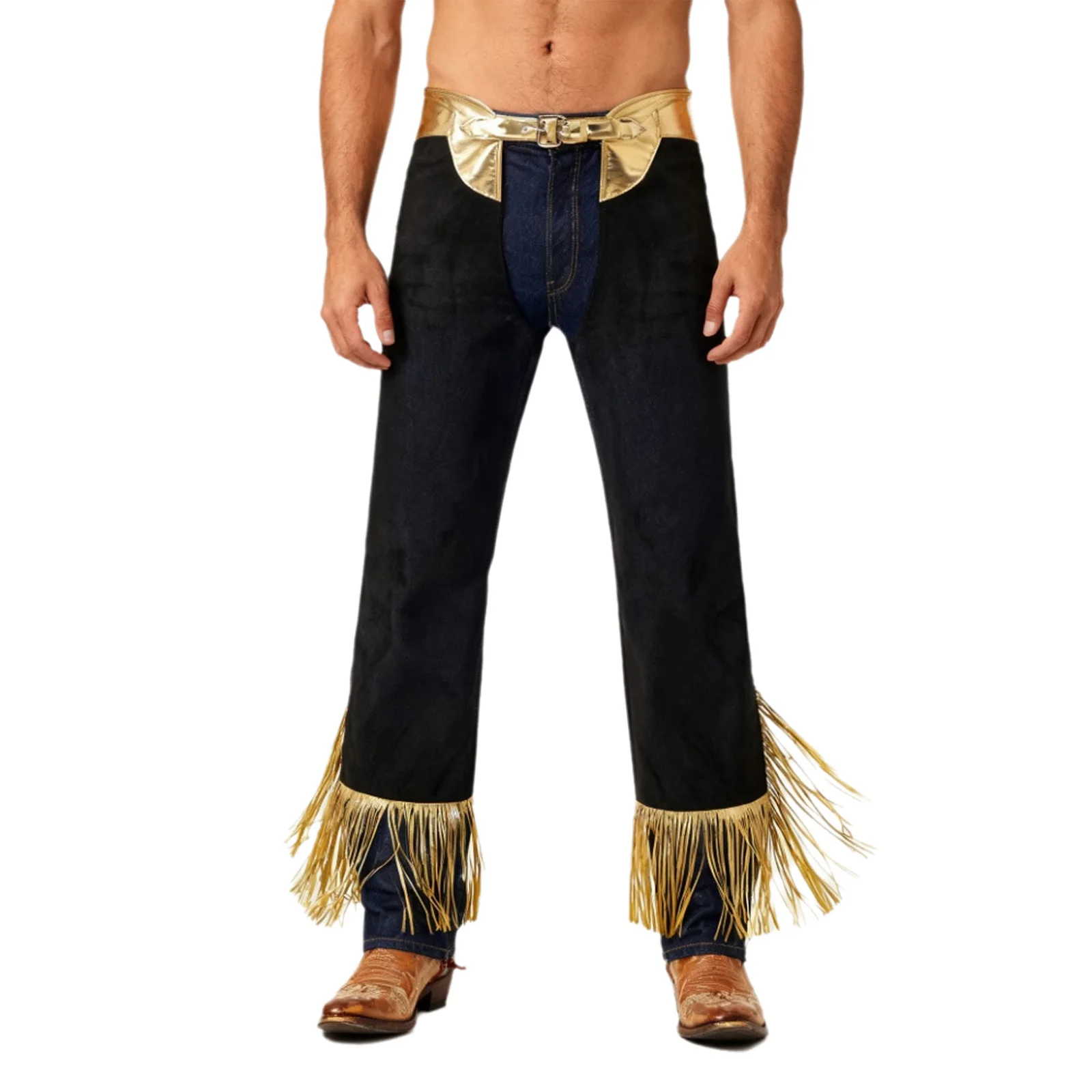 Męskie spodnie kowbojskie na Halloween, metaliczne, błyszczące, z frędzlami, regulowany pas, wycięty krok, długie spodnie do jazdy na byciach.