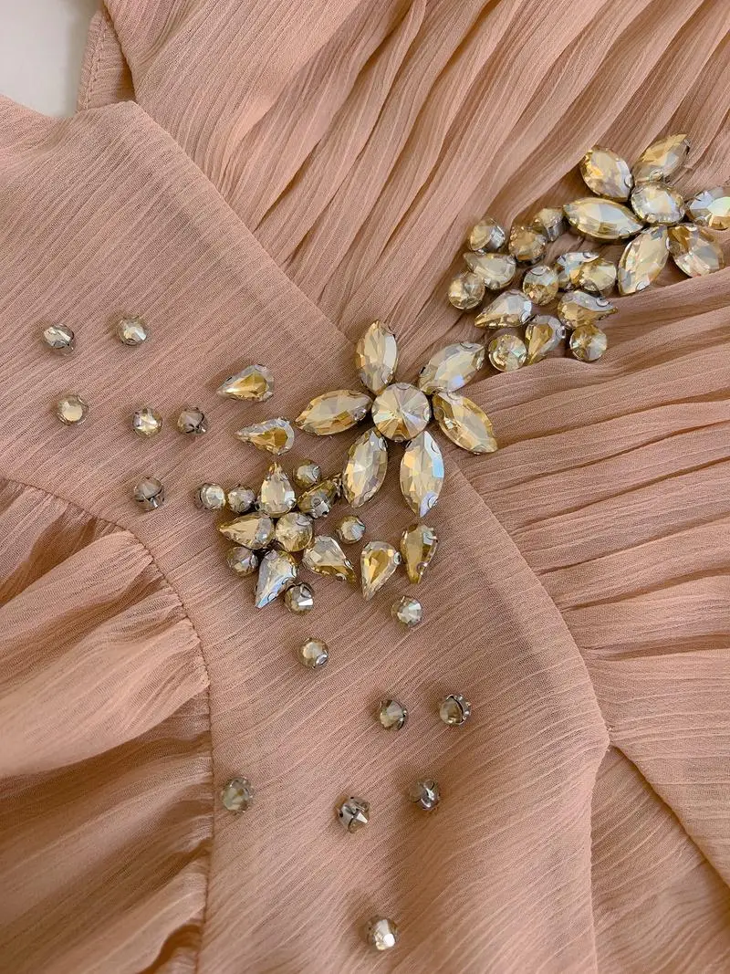 Ele A-Line Midi Dr Sand Beach V-Ne Tassel Long Sve Women's Hollow out Waist-Cinch Drill Rhinestone Charming Celeb...