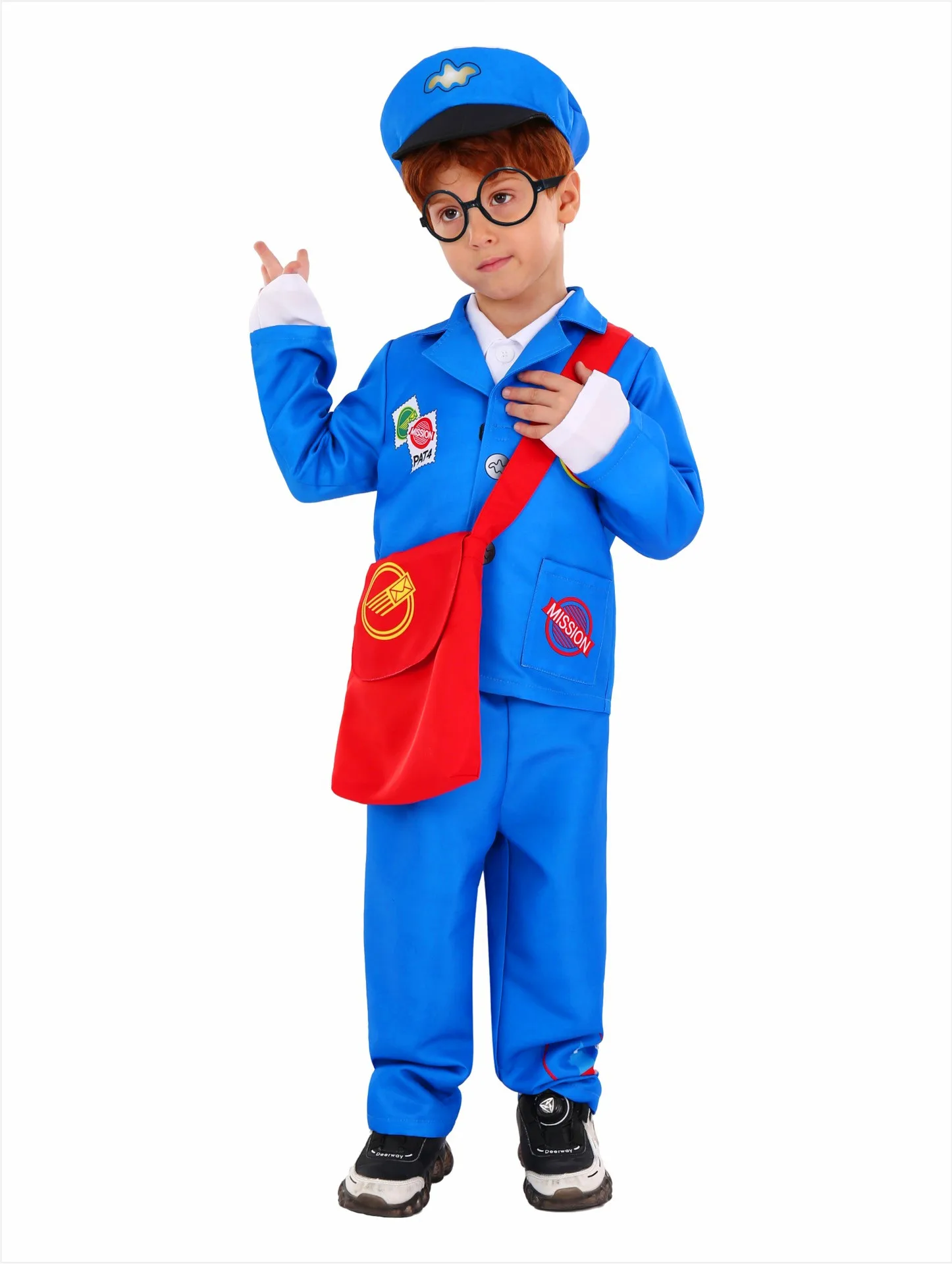 Kinderen Mr. Postbode Cosplay Kostuum Jongen Meisje Outfits Blauwe Tops Broek Hoed Set Kleding Halloween Carnaval Feestkleding