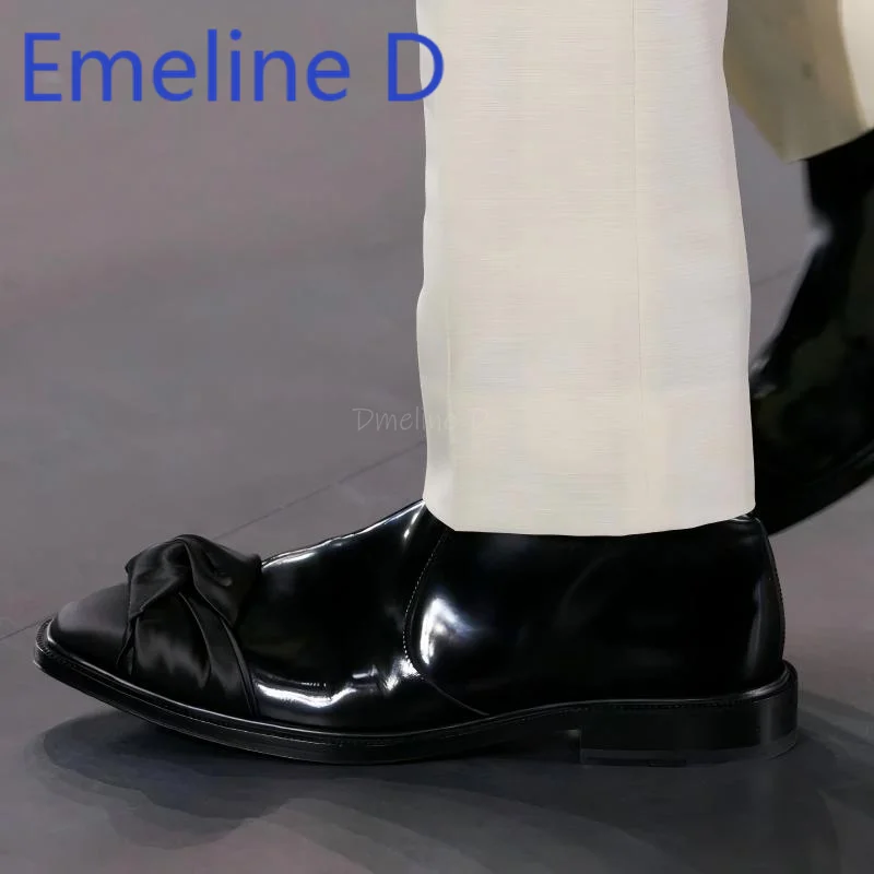 Bow Tie Tied Chelsea Boots Fashionable Retro Silk Shiny Leather Splicing Side Zipper Design Simple Style Mid Heel Short Boots