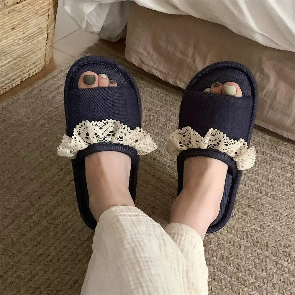 2026 New Women Korean Sweet Crochet Lace Slippers Soft Non Slip Floor Maternity Shoes Four Seasons Indoor Summer Slides