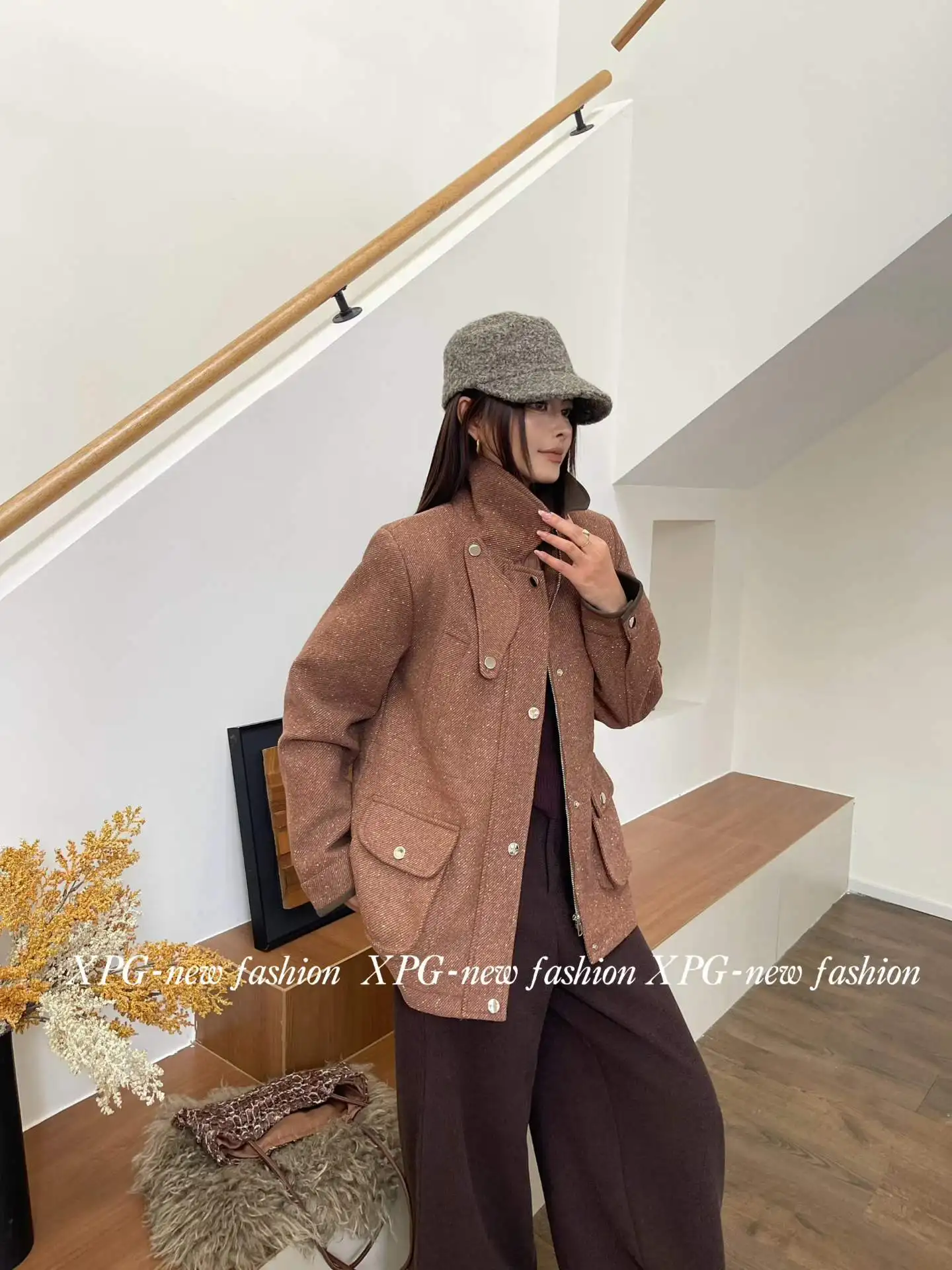 IG Women Speckled Tweed Stand Collar Zip Snap Multi Flap Pocket Field Jacket, Vintage Casual Warm Winter Commuter Outerwear