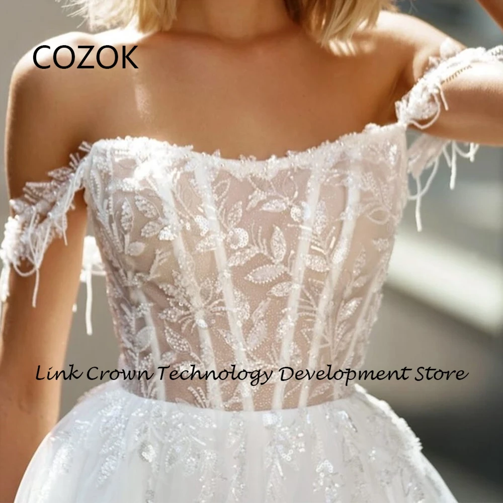 COZOK-Vestidos De Novia con abertura lateral para mujer, Vestidos De Novia De tul suave con hombros descubiertos y lentejuelas, novedad De verano 2024