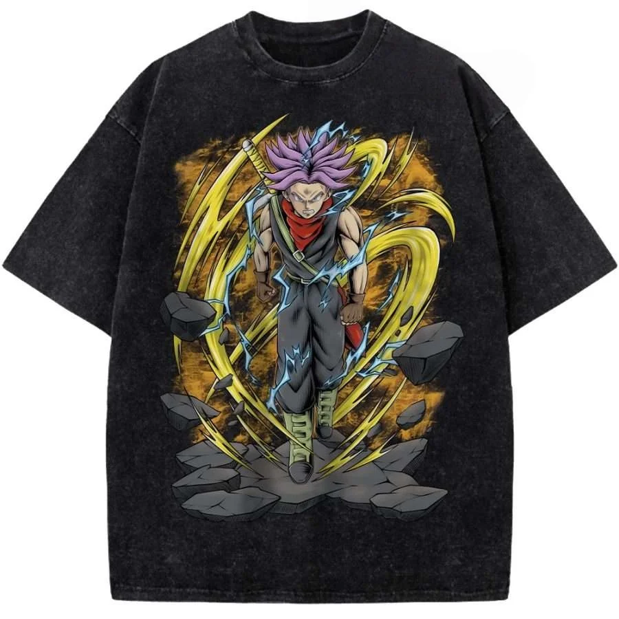 

Футболка унисекс оверсайз из выстиранного хлопка с винтажным принтом Dragon Ball Trunks Flame, летняя коллекция 2026, повседневная, с аниме-принтом, для мужчин и женщин