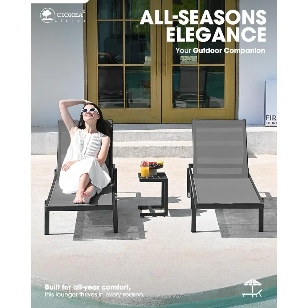 كرسي استرخاء من الألومنيوم للاستخدام الخارجي مع 5 أوضاع ومسطحة بالكامل، كرسي فناء رمادي مع عجلات لسطح حمام السباحة