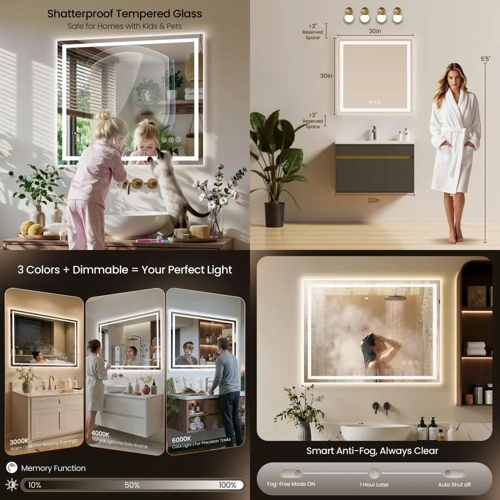 

Dimmable 30x30 LED Mirror with Anti-Fog, Backlit and Front Lit, High CRI, Tempered Glass Vanity Mirror