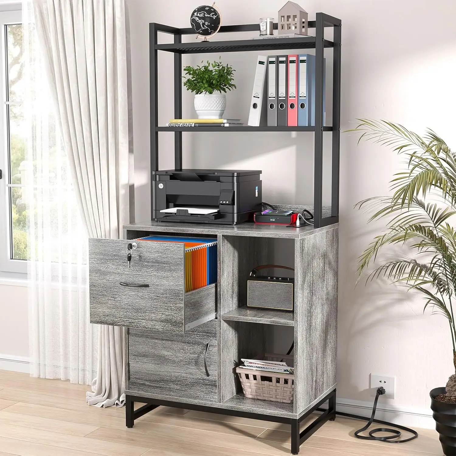 

Vertical File Cabinet Bookshelf Home Office Lock Charging Station Printer Stand Letter Size Light Oak, Customized
