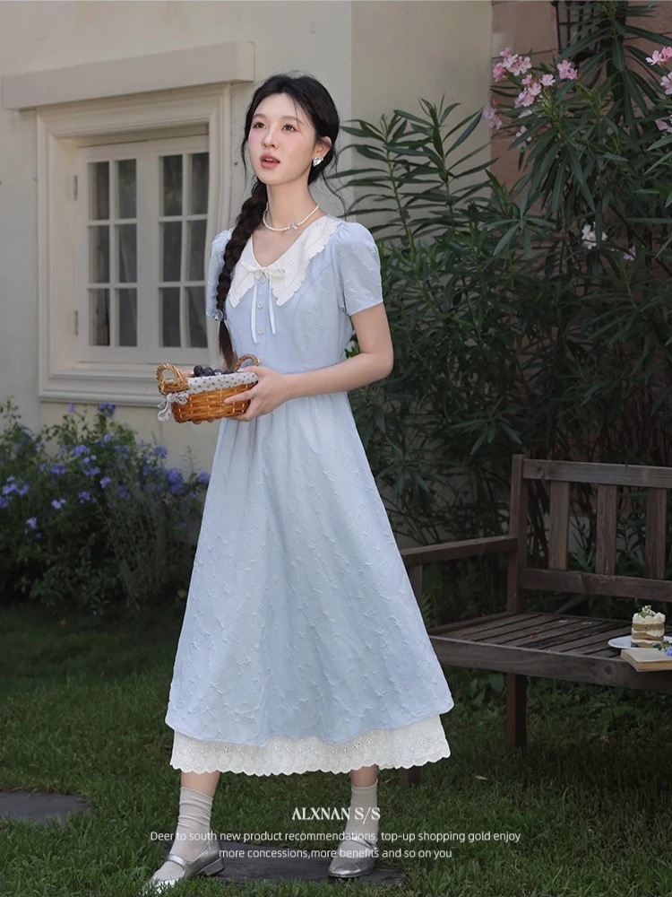 

ALXNAN Blue Dress Elegant Embroidered V-neck Puff Sleeve Women's Dress 2025 Summer Holiday Party Beach Female Clothing DYL661937