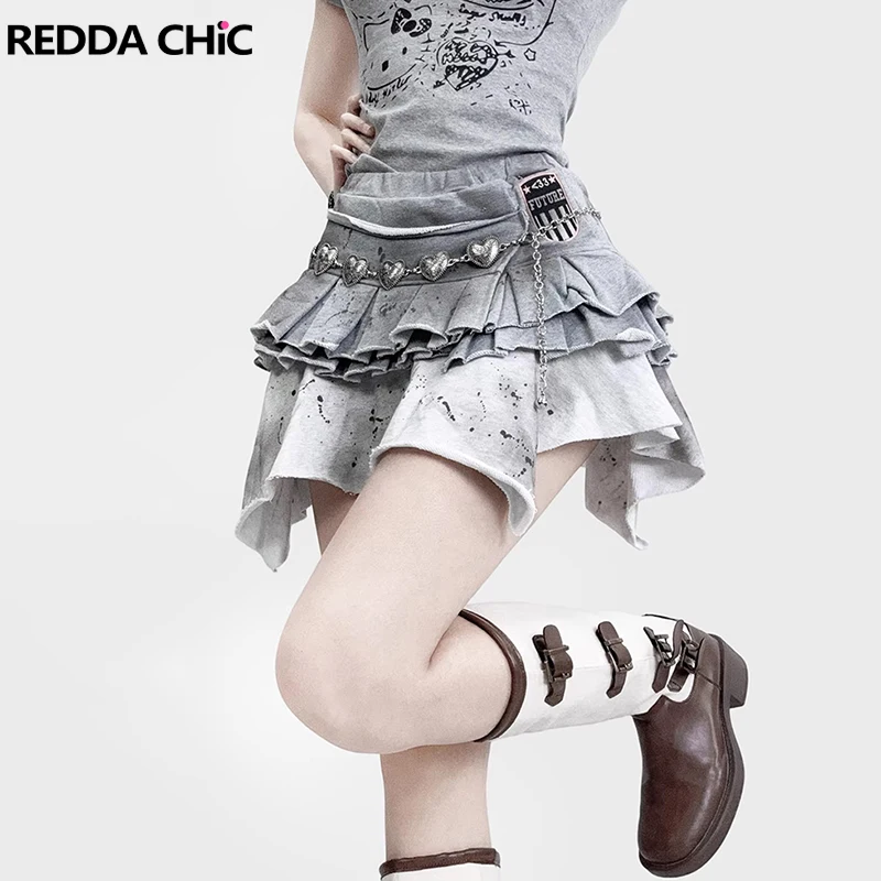 

REDDACHiC Women Pleated Mini Cake Skirt Retro Punk Raw Edge Do Old Elastic Waist Asymmetrical Sweat Skirt Grunge Alt Clothes
