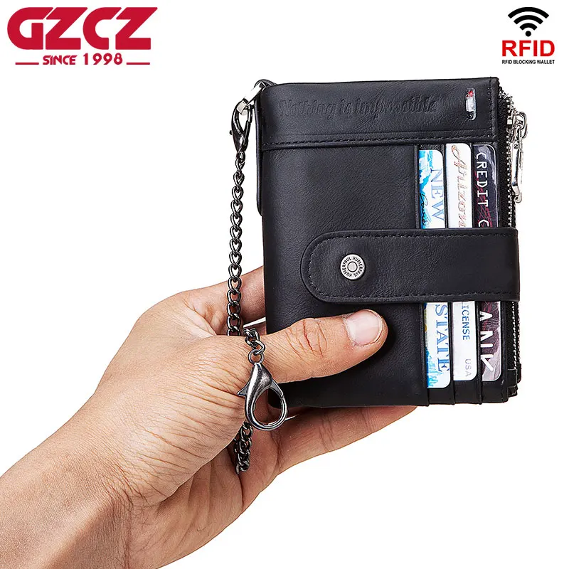 

Men's Wallet with Chain for Biker RFID Genuine Leather Card Holder Storage Purse Bifold Business Money Bag Male Short Clutch