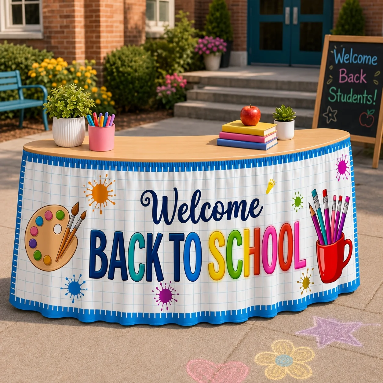 Party table skirt, 1-piece set, Back-to-School Welcome Color Pencil Palette, suitable for classroom partieszyc