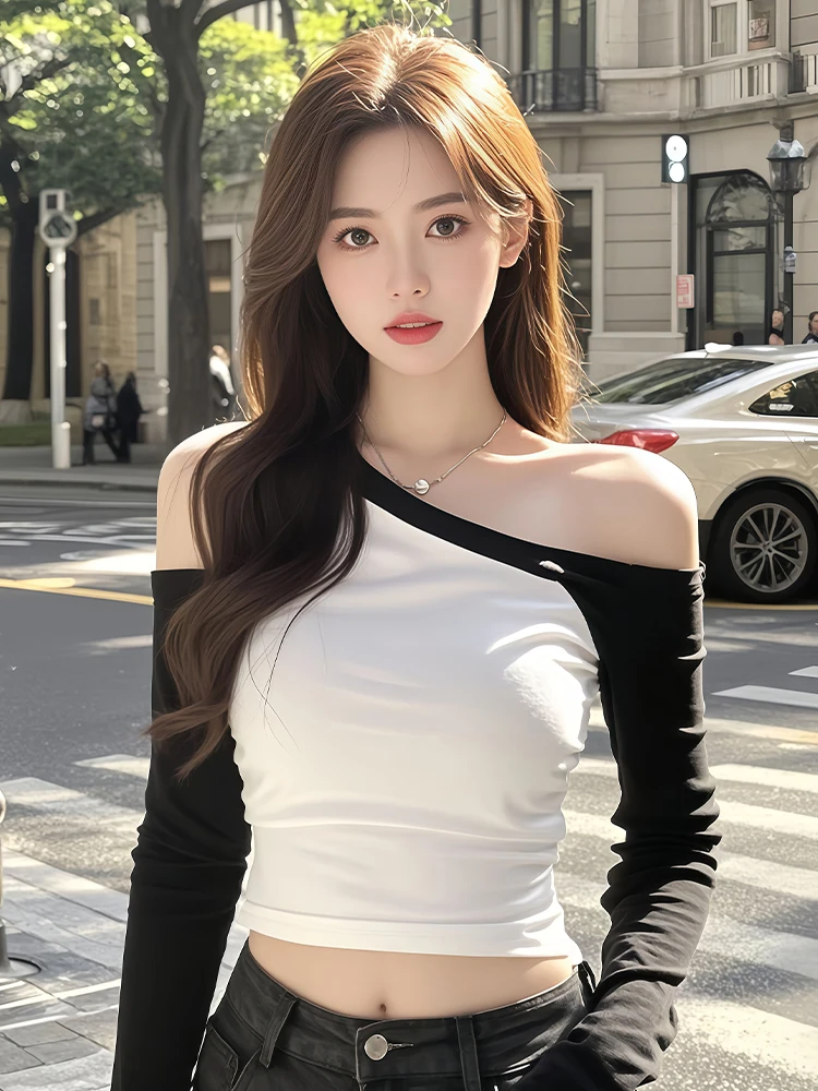 Cseta de Manga Larga con Bloques de Color Únicos, Cseta Básica Moderna para Mujer, Estilo Corto, Top de Un Hombro, Prim...