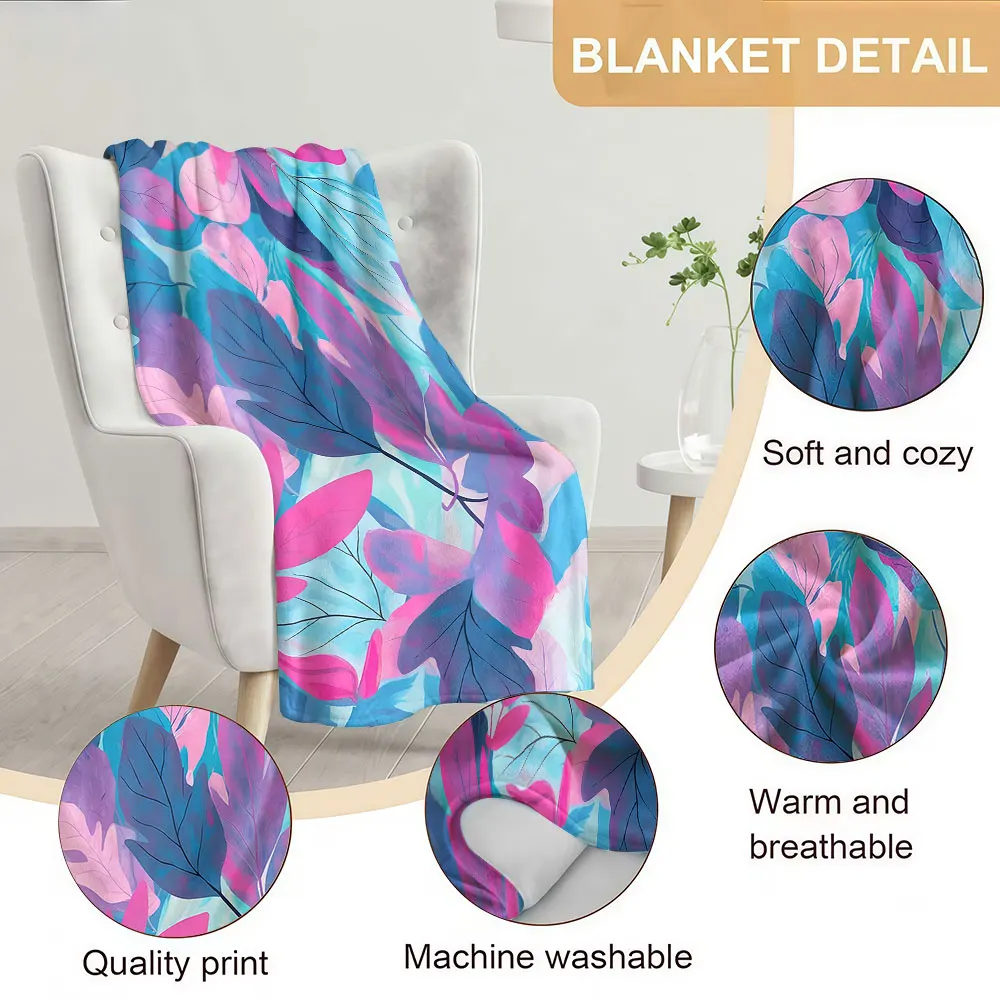 Blue Pink Gradient Leaf Soft Warm Flannel Blanket Lightweight Cozy Christmas Halloween Home Decor Room