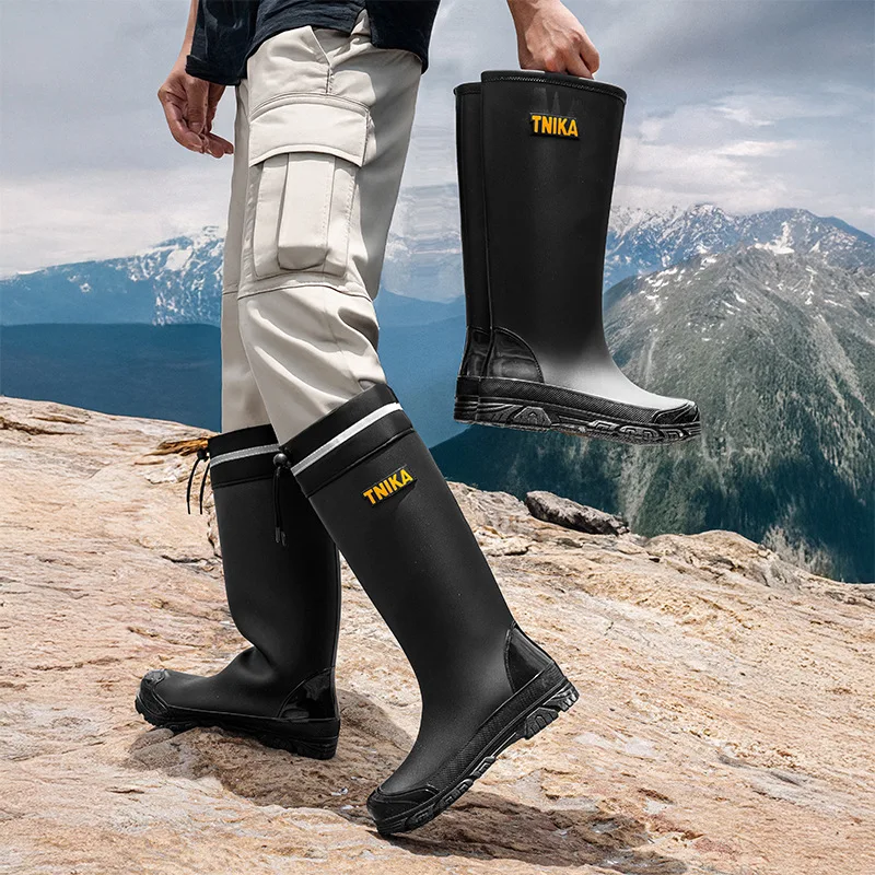 Mountain Style Men's High Tube Rain Boots All-around Reflective Toe Water Shoes Extra High Rubber Shoes Anti Slip Trendy Boots