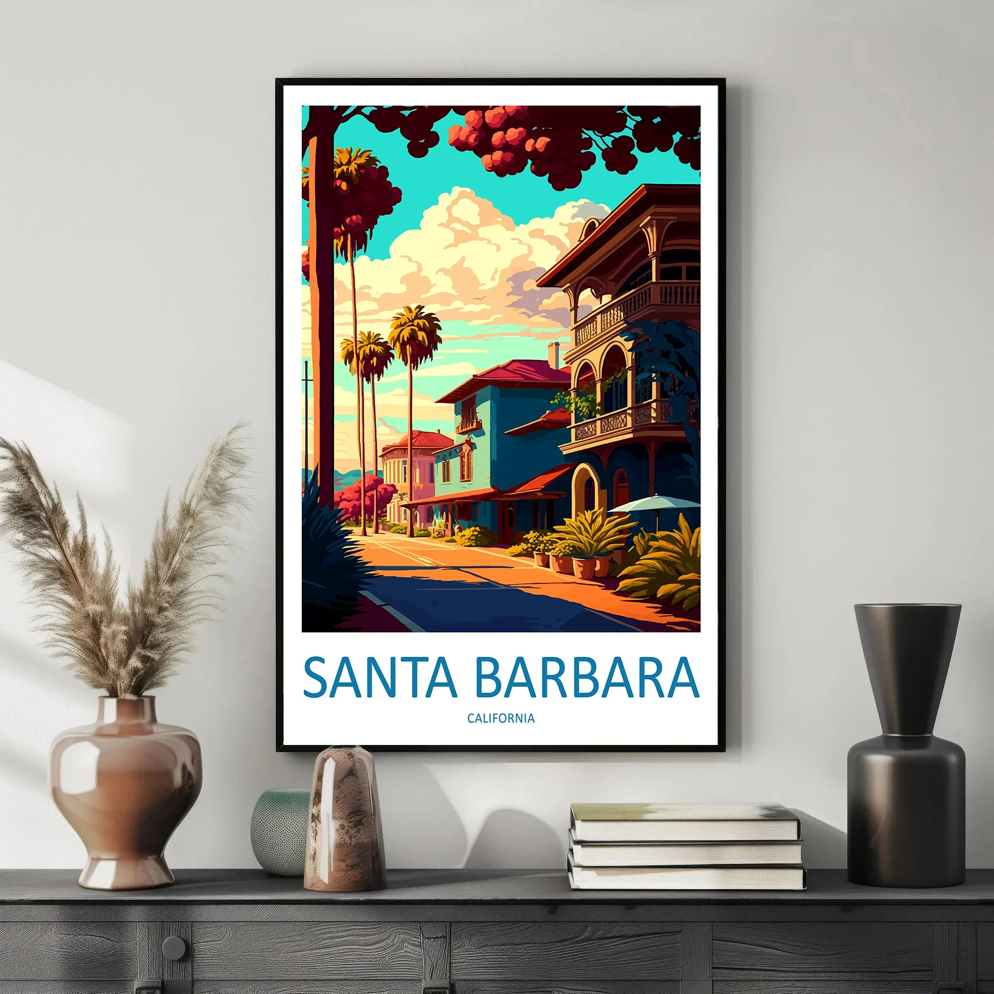 Arte de pared impreso de viaje de Santa Bárbara, decoración del hogar colgante de pared de Santa Bárbara, póster artístico impreso en lienzo, regalo para amantes del arte de California