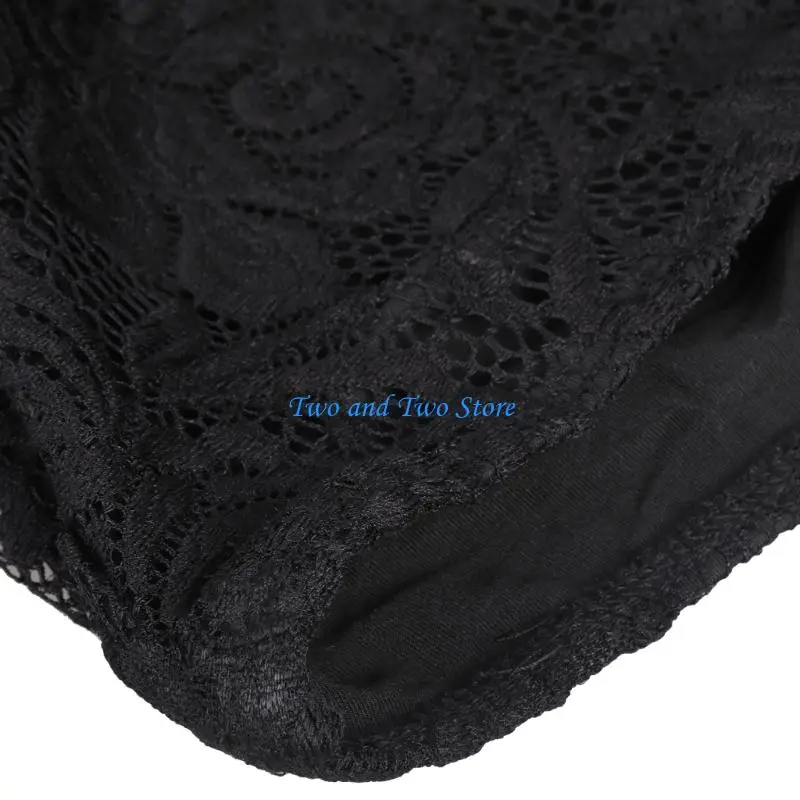 HX6F Hollowed Flower Lace Spliced Wide Leg Straight Pant See Through Sheer Mesh Elastic High Waist Long Trousers for Women