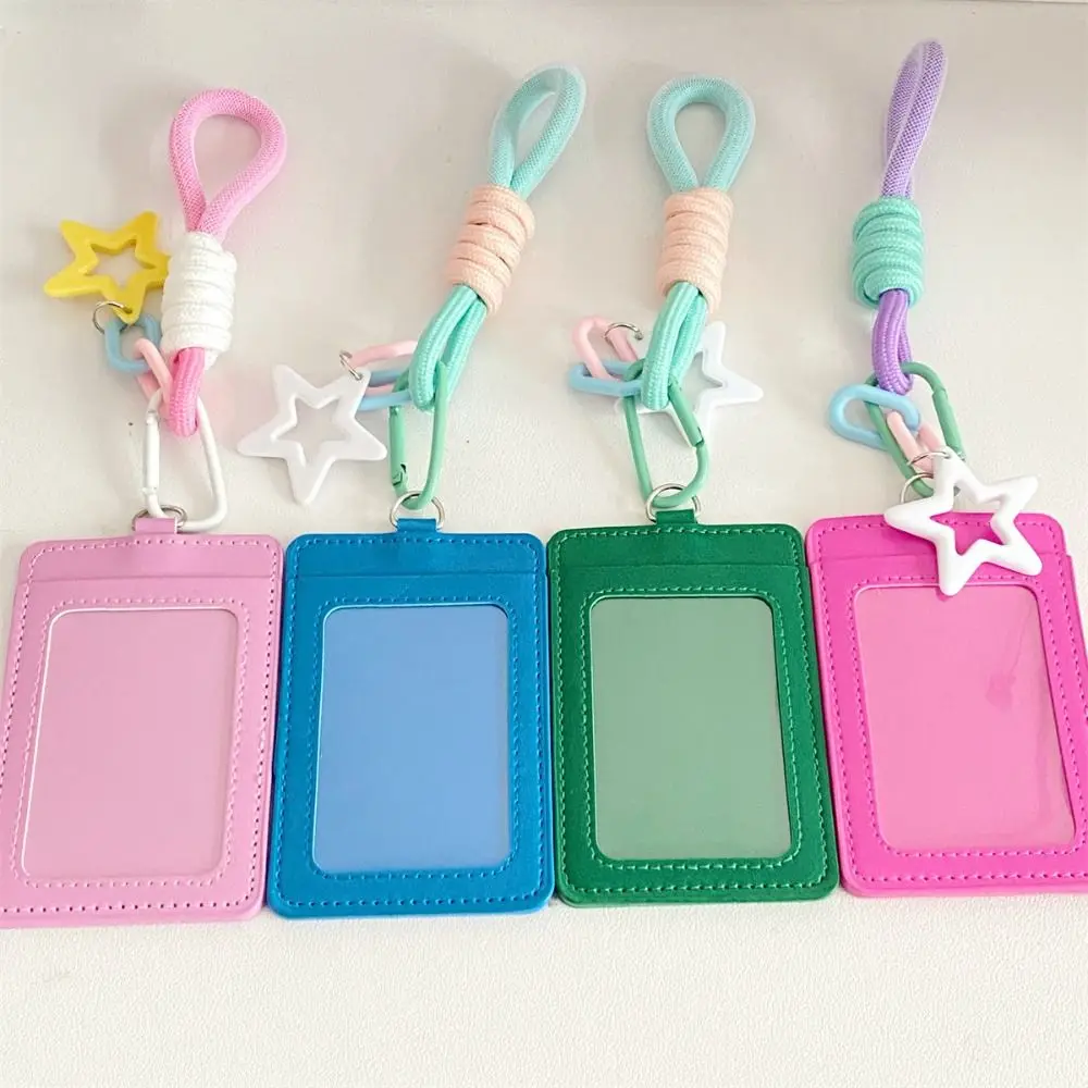 

New Cute PU Leather Card Sleeve Waterproof Candy Color Woven Rope Keychain Star Pendent Ins Bus Card Storage Bag