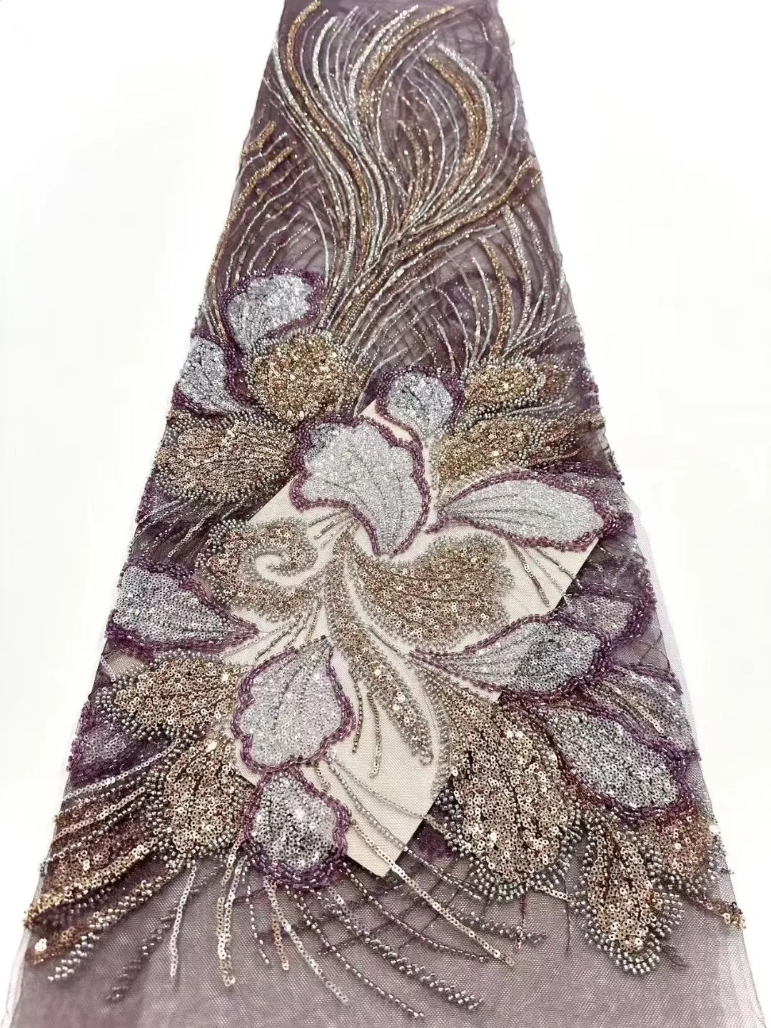 

2025 African Nigerian High-Quality Lace Fabric Sequins Embroidery Tulle Sewing Beads Stone for Prom Dresses DP0442 5 Yards