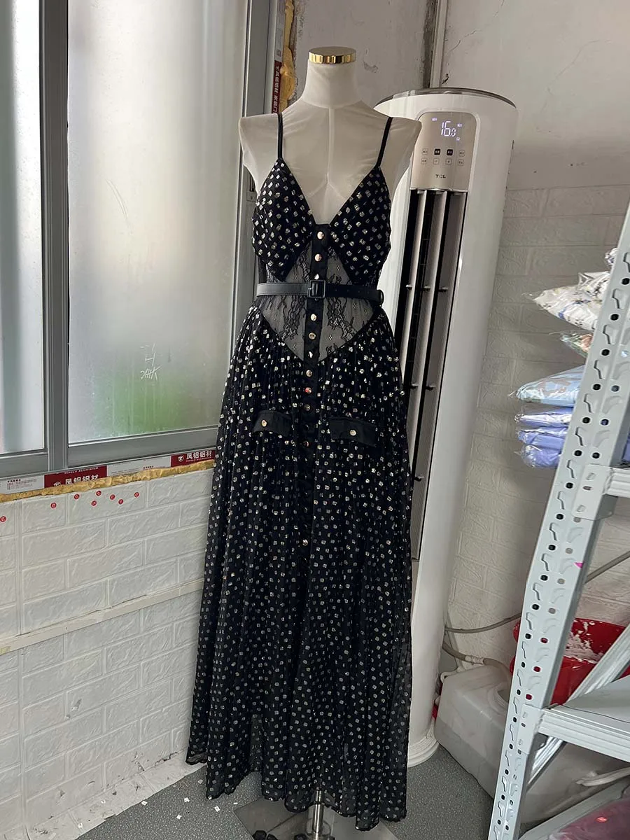 Solid Sheer Spliced Folds Fashion Dresses for Women V Neck Sleeveless Split Patchwork Button Long Dress Female New