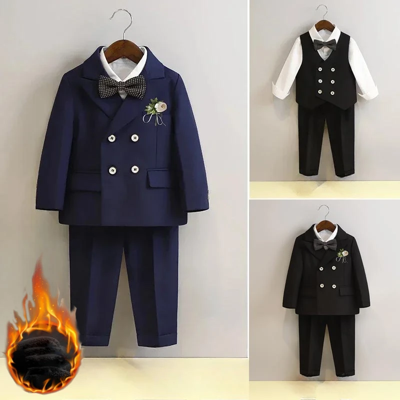 Boys Winter Suits Fleece Thick Warm Child Wedding Tuxedo Oufits Formal Gentleman Piano Performance Blazer Set for Kids 6 8 10 Y