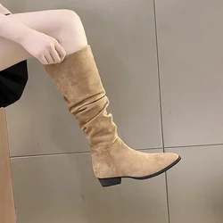 Nowe Plisowane Buty Kobiety Czarny Nude Faux Suede Flock Knee High Boot Ladies Flat Autumn Winter Dress Shoe 40 Solid Slip on Botas