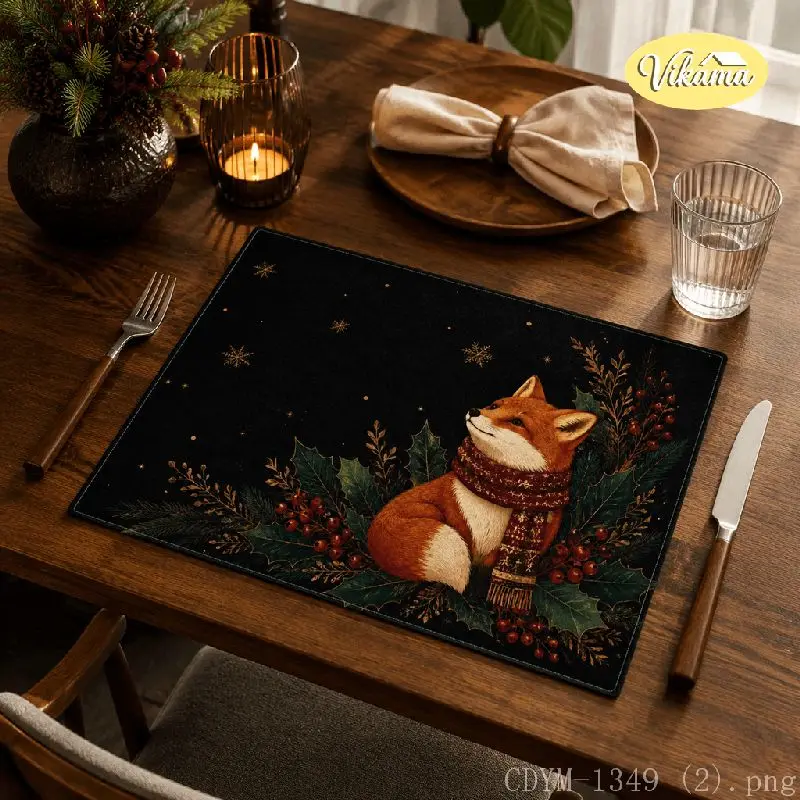VIKAMA Christmas Fox Penguin Placemat Golden Snowflake Table Mat Dining Kitchen Holiday Home Decor Aesthetic Art Large Premium