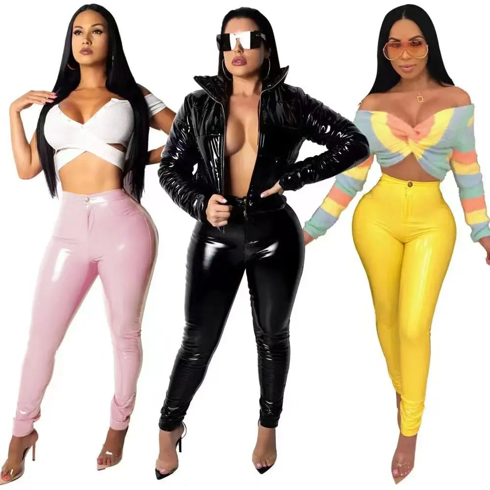 

Shiny Patent Leather Bodycon Pencil Pants Women High Waist Gothic Stretch Slim Trousers Ladies PVC Cropped Pants Custom Clubwear