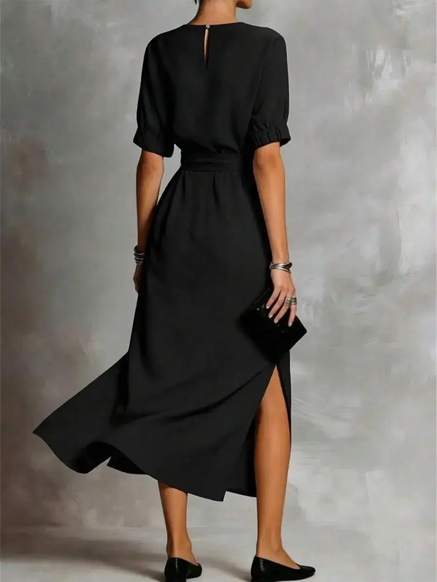 

Womens Mid-Length Solid Black Dress With Waist Cinch And Side Slit Short Sleeve Round Neck Elegant For Commuting
