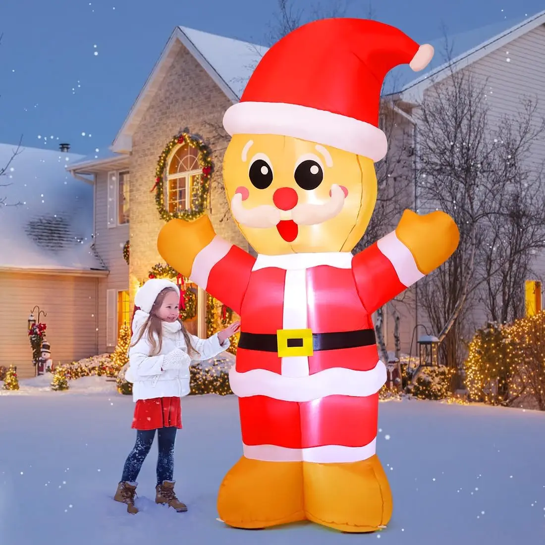 8 FT LED Lights Christmas Decoration Inflatable Gingerbread Man Wearing Christmas Hat Clearance for Children