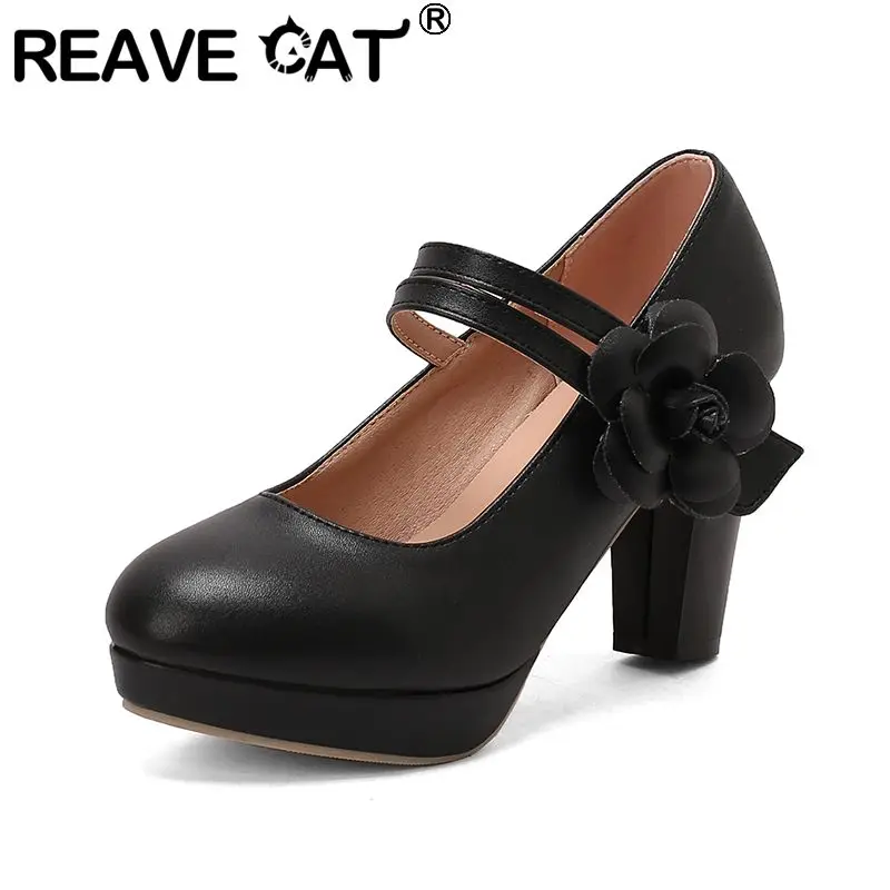 

Туфли-лодочки REAVE CAT Pink Mary Janes с круглым носком, каблуком 8,5 см, платформой 2 см, на липучке, с цветочным декором, большие размеры 45, 46, 47, 48, милые туфли для свиданий