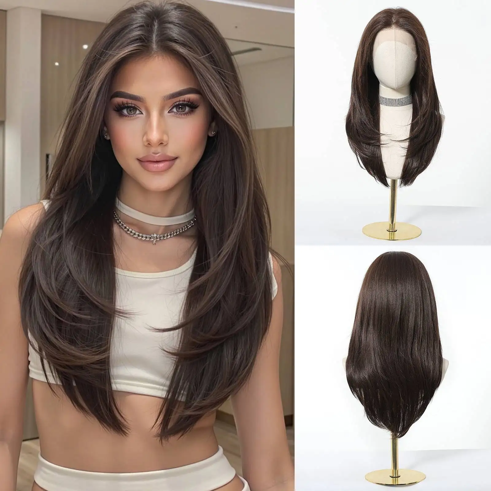 Topshe Long Chocolate Brown Wig 13x6 Lace Front Wig Layered Straight Synthetic Wigs for Women Face Framing Butterfly Cut