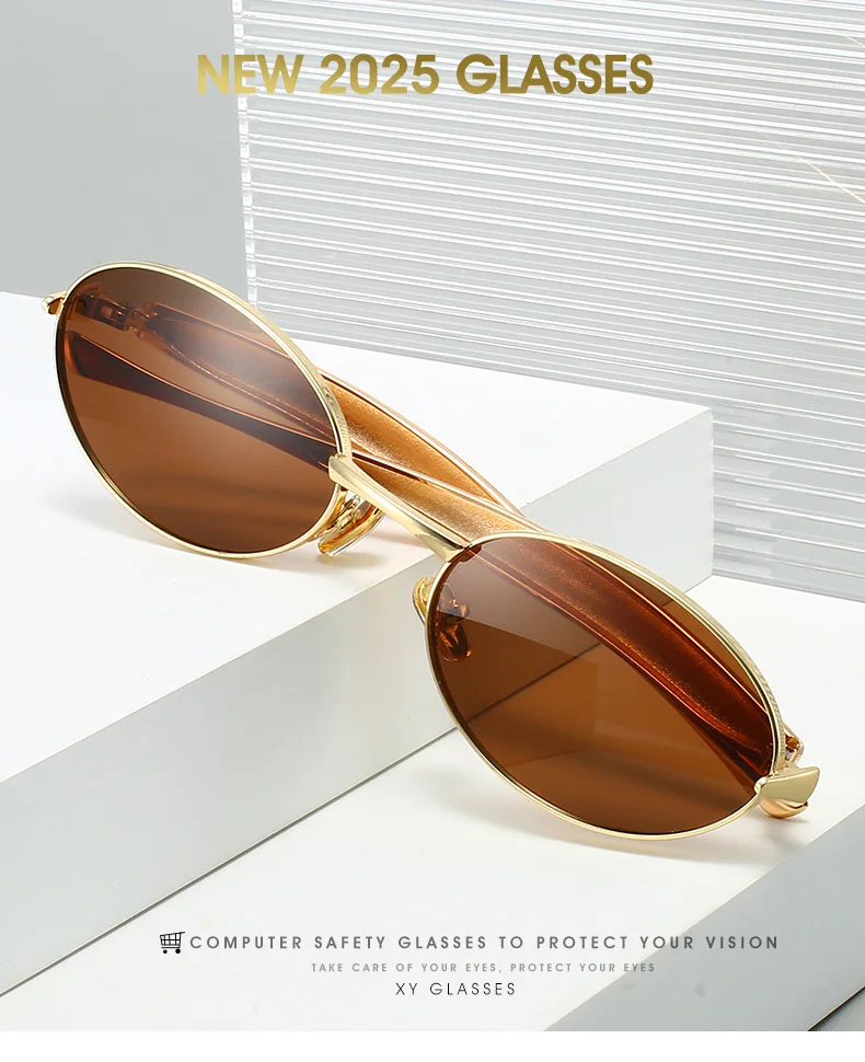 Y2K Kleine ovale Sonnenbrille Markendesigner Damen Stilvolle Ins Mode Bold Metallbein Damen Sonnenschutz – Detail 1