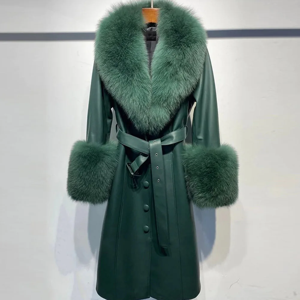 Denny&Dora Deep Green Women Real Fox Fur Collar Long Genuine Leather Coat Trench Plus Size