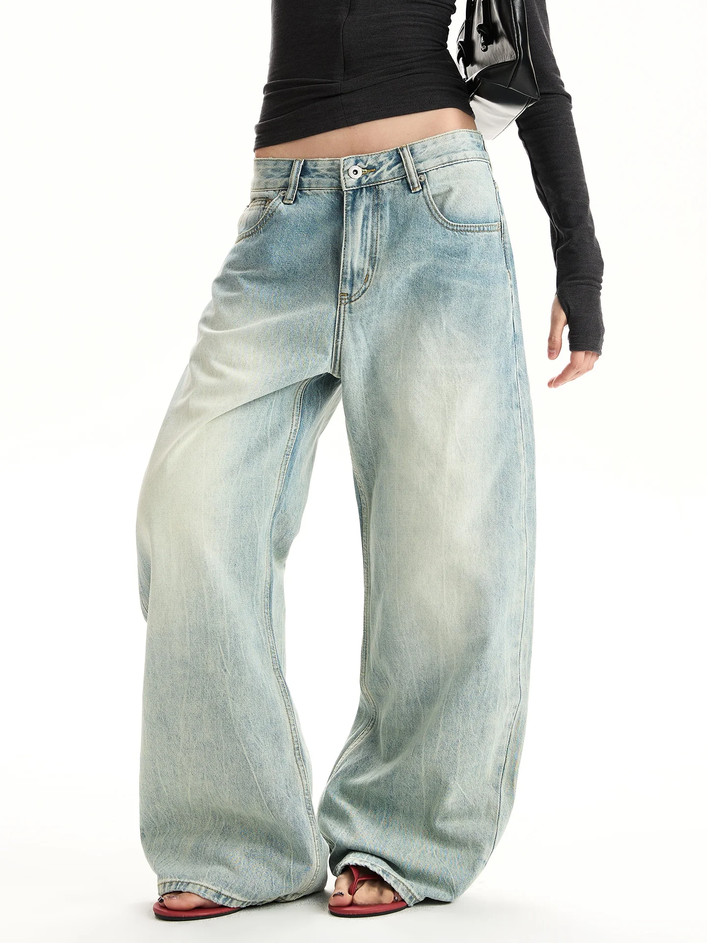 

VAT Ice Blue Vintage Casual Straight Leg Denim Jeans Women Simple High Waist Wide Leg Pants Worn Waed Slimming Effect