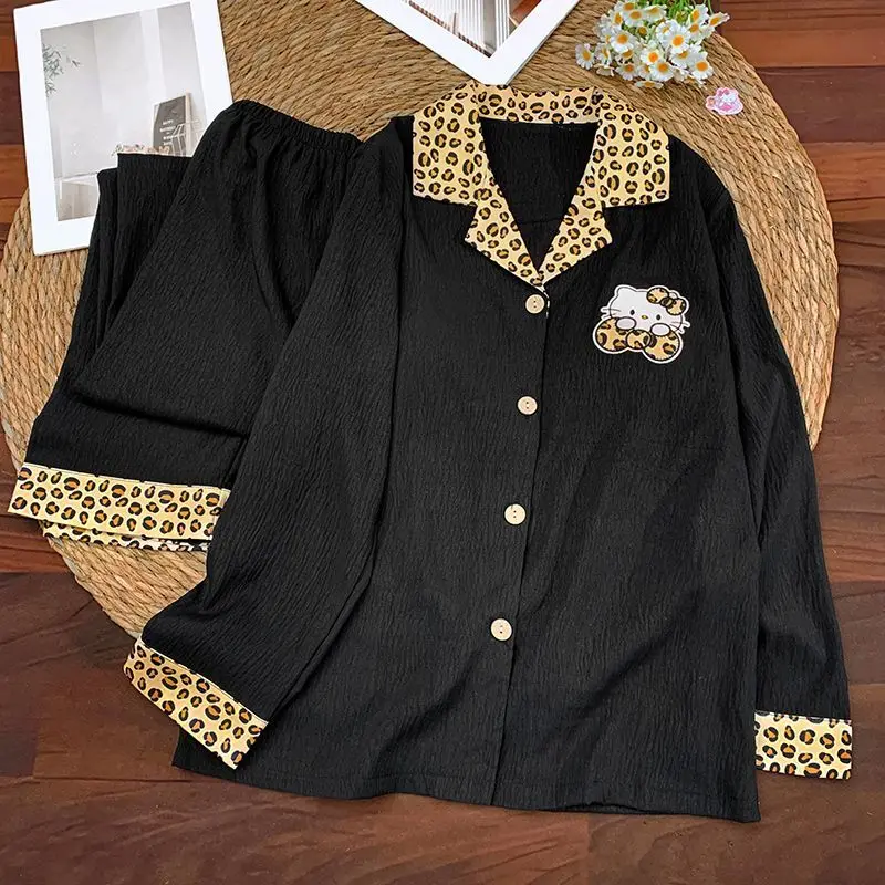 Sanrio Hello Kitty Leopard Print Pajamas Set Spring Sleepwear Long Sleeve Pant Pijama Lady Pyjama Cloud Cotton Nightie Home Suit