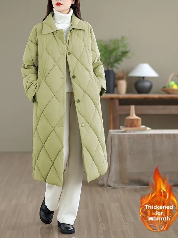 Korean Sle plus Size Thiened Winter down Jaet Women's Long Diamond Patterned Cotton Coat Sli Slimming Outerwear