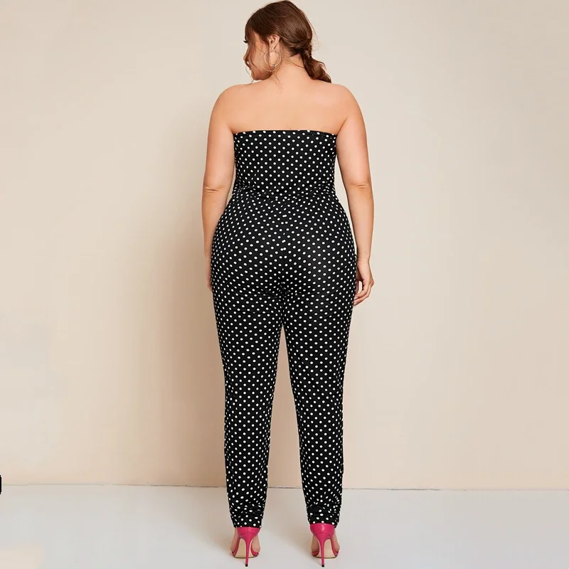 Jumpsuit tabung tanpa tali motif titik ukuran Plus jumpsuit wanita seksi kerah potong bersaku sisi musim panas elegan mode musim semi 6XL