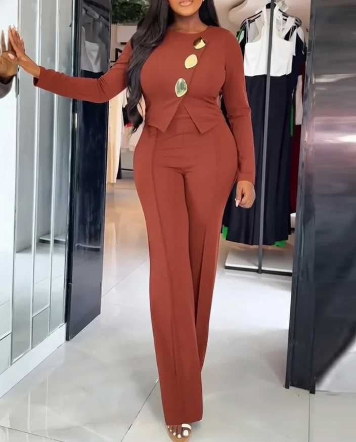 Women Jumpsuits Golden Button Decor Long Sleeve Seam Front Overalls Women's Casual Zipper Back Faux Two-Piece Commuting Jumpsuit