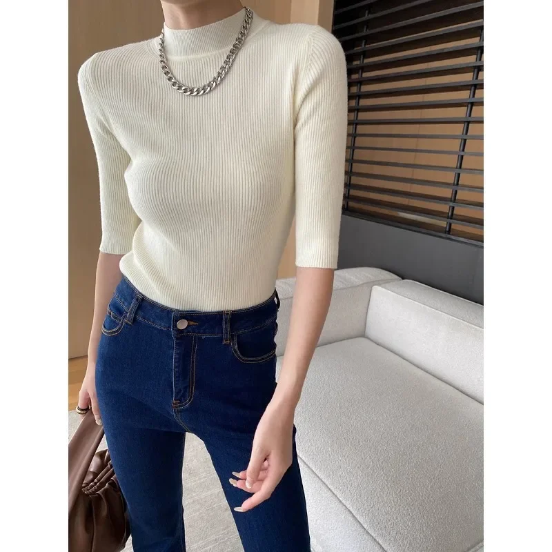 

Women French Simple Half Turtleneck Knitted Bottoming Top Vintage Half Sleeve Basic Autumn Fashion High Elastic Chic Sweater