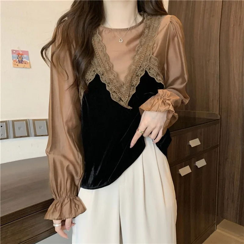 Korean Chic Sweet Lace Patchwork Sexy See Through Tops Blouses for Women Fashion Casual Street Loose Long Sleeve Shirts Clothing