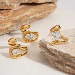 18K Gold Plated Stainless Steel Water Drop Shaped Large Zircon Opening Ring ​Anti Allergic Women Waterproof Statement Jewelry