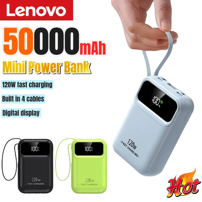 

Портативный внешний аккумулятор Lenovo 50000 мАч с быстрой зарядкой, большой емкостью и цифровым дисплеем, 4 встроенных кабеля