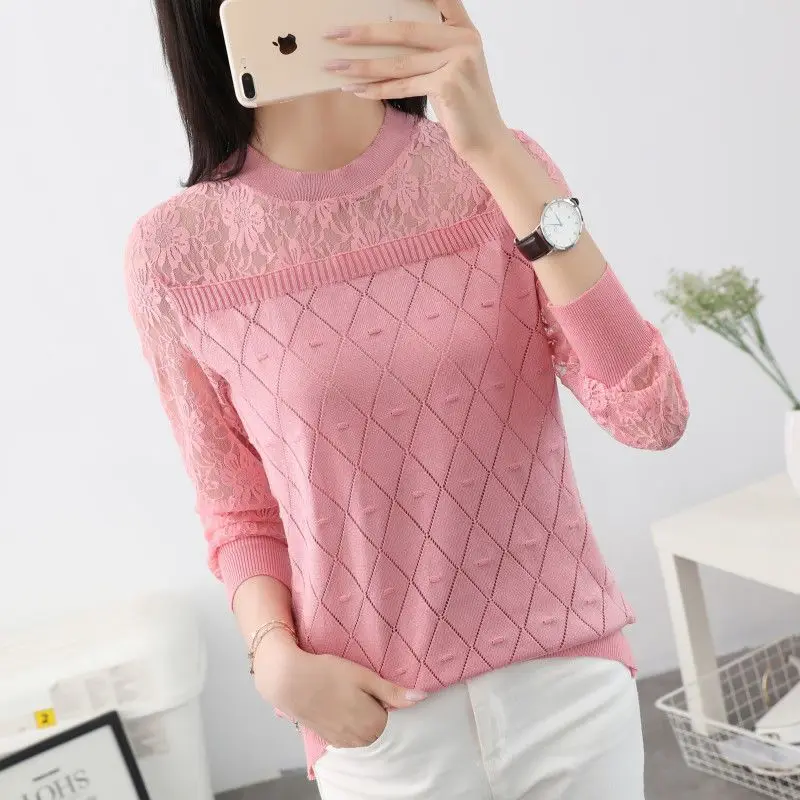 Round Neck Lace Bottoming Shirt Ice Silk Long Sleeve Loose Wild Spring And Autumn Clothes  New Thin Sweater Women's Blouse Tide