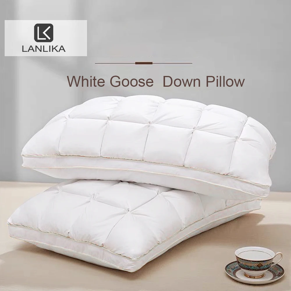 Lanlika Winter White 100% Goose Down Pillow Neck Pillow For Sleeping 100% Cotton Shell  3D Style Rectangle Queen King Bed Pillow