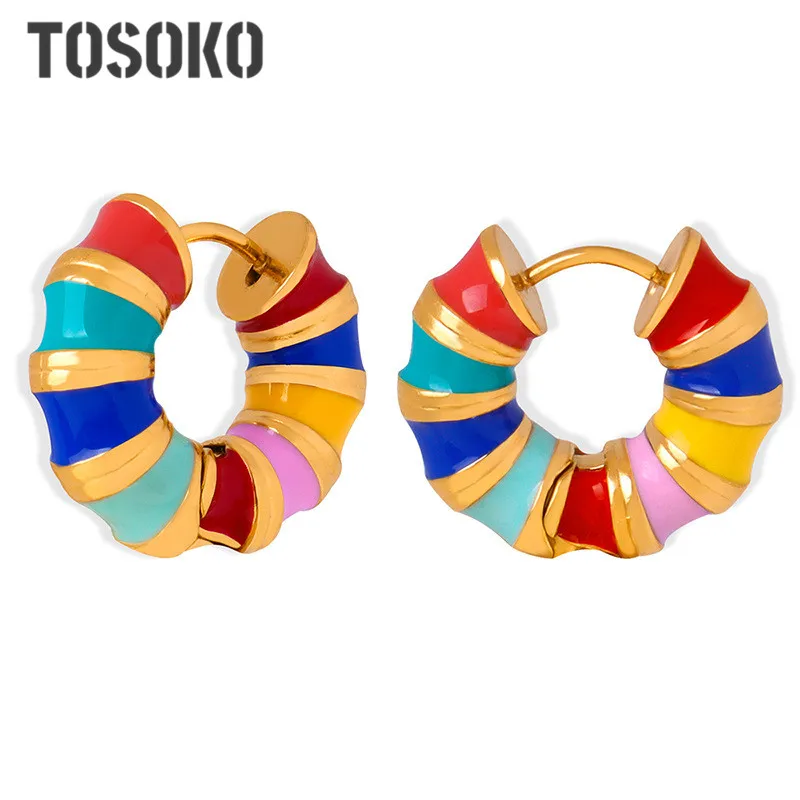 

TOSOKO Stainless Steel Jewelry Multi Color Oil Dropping U-Shaped Earrings For Women's Fashion Earrings BSF964